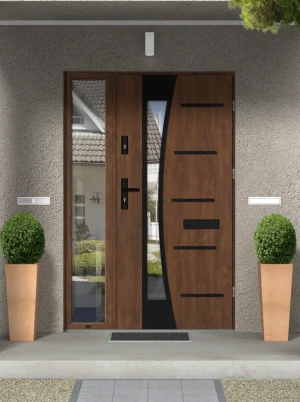 Contemporary energy saveing external door and frame set model AGAMA BLACK PREMIUM 72mm with sidelight black handle and mirrored glass made to measure