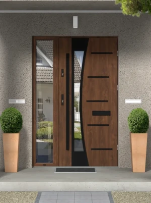 Contemporary energy saveing external door and frame set model AGAMA BLACK PREMIUM 72mm with sidelight black bar and mirrored glass made to measure B