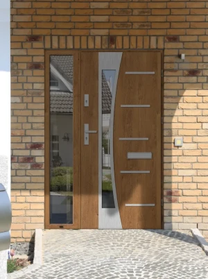 Contemporary energy saveing external door and frame set model AGAMA PREMIUM 72mm with sidelight handle and mirrored glass made to measure Inox Design