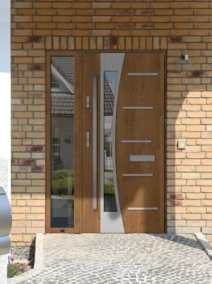 Contemporary energy saveing external door and frame set model AGAMA PREMIUM 72mm with sidelight bar and mirrored glass made to measure Inox Design D