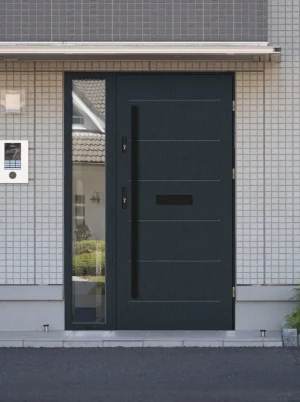 Contemporary energy saving front door and frame set model AVON BLACK PREMIUM 72mm with side panel black bar and mirrored glass bespoke B