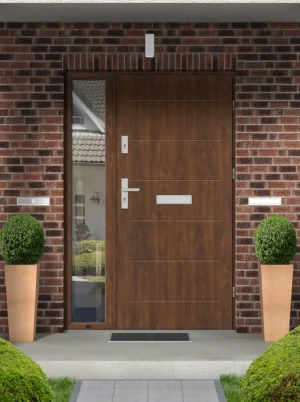 Contemporary energy saving front door and frame set model AVON PREMIUM 72mm with side panel handle and mirrored glass bespoke Inox Design C
