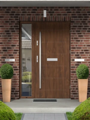 Contemporary energy saving front door and frame set model AVON PREMIUM 72mm with side panel bar and mirrored glass bespoke Inox Design D