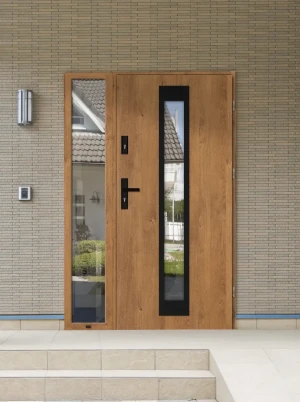 Contemporary energy saving front door and frame set model IGUANA BLACK PREMIUM 72mm with glazed sidelight and black handle bespoke A