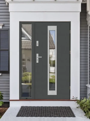 Contemporary energy saving front door and frame set model IGUANA PREMIUM 72mm with glazed sidelight and handle bespoke Inox Design C