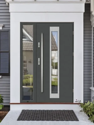 Contemporary energy saving front door and frame set model IGUANA PREMIUM 72mm with glazed sidelight and bar bespoke Inox Design D