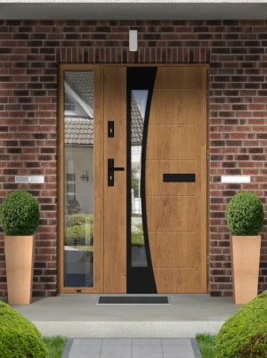 Contemporary energy saving external door and frame set model BELLIS BLACK PREMIUM 72mm with glazed sidelight and black handle made to measure A