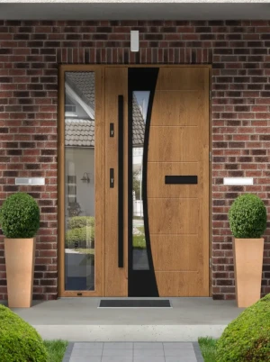 Contemporary energy saving external door and frame set model BELLIS BLACK PREMIUM 72mm with glazed sidelight and black bar made to measure B