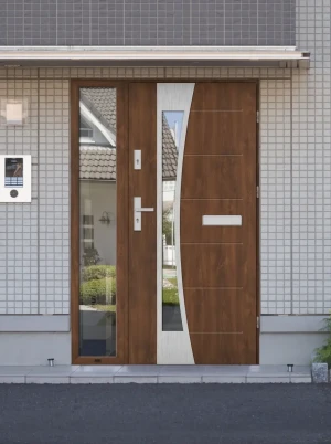 Contemporary energy saving external door and frame set model BELLIS PREMIUM 72mm with glazed sidelight and handle made to measure Inox Design C