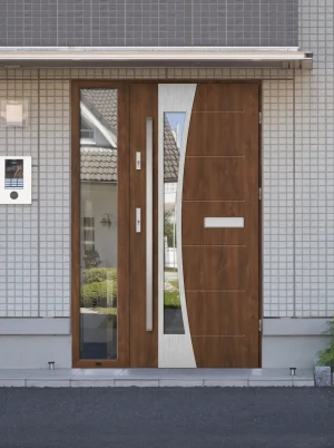 Contemporary energy saving external door and frame set model BELLIS PREMIUM 72mm with glazed sidelight and bar made to measure Inox Design D
