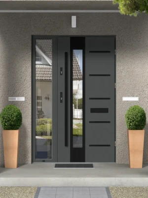 Contemporary energy saveing external door and frame set model UTA BLACK PREMIUM 72mm with sidelight black bar and mirrored glass made to measure B