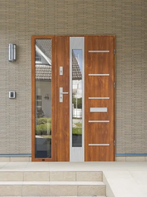 Contemporary energy saveing external door and frame set model UTA PREMIUM 72mm with sidelight handle and mirrored glass made to measure Inox Design C