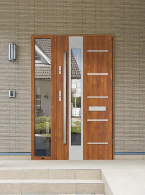 Contemporary energy saveing external door and frame set model UTA PREMIUM 72mm with sidelight bar and mirrored glass made to measure Inox Design D