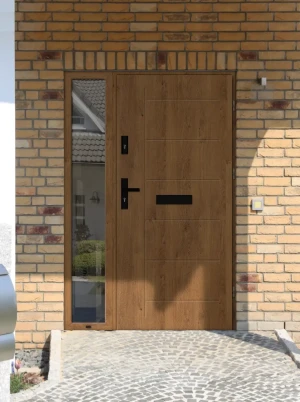 Contemporary energy saving front door and frame set model GEKKO BLACK PREMIUM 72mm with sidelight black handle and mirrored glass bespoke A