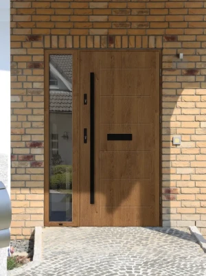 Contemporary energy saving front door and frame set model GEKKO BLACK PREMIUM 72mm with sidelight black bar and mirrored glass bespoke B