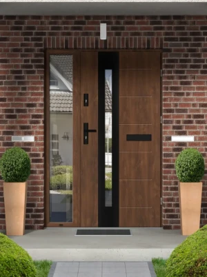 Contemporary energy saving front door and frame set model TULUZA BLACK PREMIUM 72mm with glazed side panel and black handle bespoke A