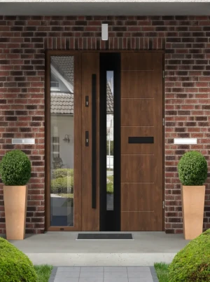 Contemporary energy saving front door and frame set model TULUZA BLACK PREMIUM 72mm with glazed side panel and black bar bespoke B