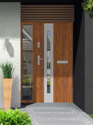 Contemporary energy saving front door and frame set model TULUZA PREMIUM 72mm with glazed side panel and handle bespoke Inox Design C