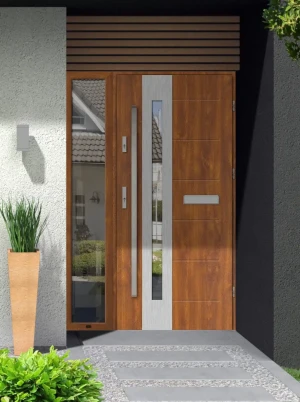 Contemporary energy saving front door and frame set model TULUZA PREMIUM 72mm with glazed side panel and bar bespoke Inox Design D