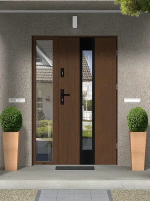Contemporary energy saveing external door and frame set model PAPUA BLACK PREMIUM 72mm with sidelight black handle and mirrored glass made to measure