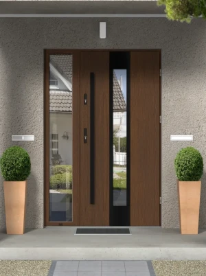 Contemporary energy saveing external door and frame set model PAPUA BLACK PREMIUM 72mm with sidelight black bar and mirrored glass made to measure B