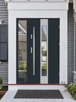 Contemporary energy saveing external door and frame set model PAPUA PREMIUM 72mm with sidelight bar and mirrored glass made to measure Inox Design D