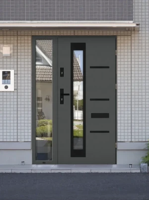 Contemporary energy saveing external door and frame set model GRECA BLACK PREMIUM 72mm with glazed side panel and black handle made to measure A