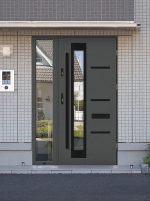 Contemporary energy saveing external door and frame set model GRECA BLACK PREMIUM 72mm with glazed side panel and black bar made to measure B