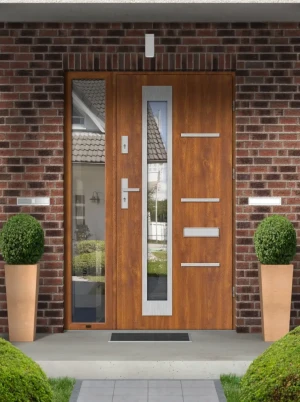 Contemporary energy saveing external door and frame set model GRECA PREMIUM 72mm with glazed side panel and handle made to measure Inox Design C