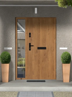 Contemporary energy saving external door and frame set model DRACO BLACK PREMIUM 72mm with side panel black handle and mirrored glass made to measure