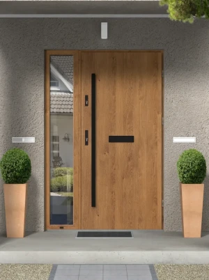 Contemporary energy saving external door and frame set model DRACO BLACK PREMIUM 72mm with side panel black bar and mirrored glass made to measure B