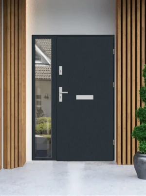 Contemporary energy saving external door and frame set model DRACO PREMIUM 72mm with side panel handle and mirrored glass made to measure Inox Design