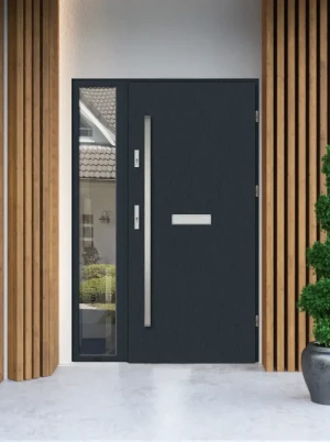 Contemporary energy saving external door and frame set model DRACO PREMIUM 72mm with side panel bar and mirrored glass made to measure Inox Design D