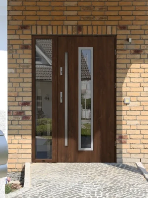 Model ANOLIS PREMIUM 72 mm front door with sidelight / side panel with bar – energy efficient modern external door with mirrored glass Inox Design