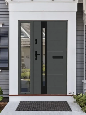 Contemporary energy saving external door and frame set model SLIM BLACK PREMIUM 72mm with glazed sidelight and black handle made to measure A