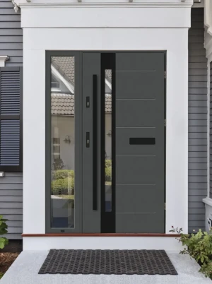 Contemporary energy saving external door and frame set model SLIM BLACK PREMIUM 72mm with glazed sidelight and black bar made to measure B