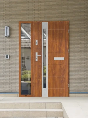Contemporary energy saving external door and frame set model SLIM PREMIUM 72mm with glazed sidelight and handle made to measure Inox Design C