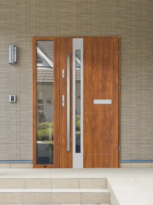 Contemporary energy saving external door and frame set model SLIM PREMIUM 72mm with glazed sidelight and bar made to measure Inox Design D