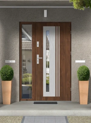 Contemporary energy saving front door and frame set model Collaris PREMIUM 72mm with glazed sidelight and handle bespoke Inox Design C