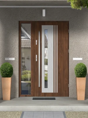 Contemporary energy saving front door and frame set model COLLARIS PREMIUM 72mm with glazed sidelight and bar bespoke Inox Design D
