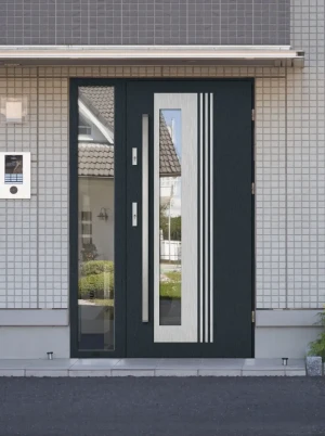Contemporary energy saving front door and frame set model VARIUS PREMIUM 72mm with side panel bar and mirrored glass bespoke Inox Design D