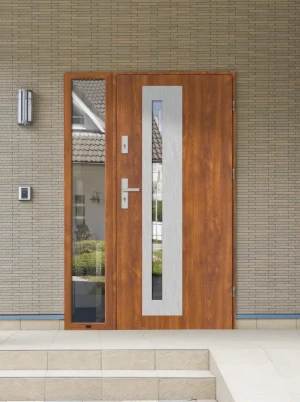 Contemporary energy saving external door and frame set model NATRIX PREMIUM 72mm with side panel handle and mirrored glass made to measure Inox Design