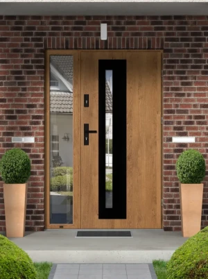 Contemporary energy saving external door and frame set model NATRIX BLACK PREMIUM 72mm with side panel black handle and mirrored glass made to measure