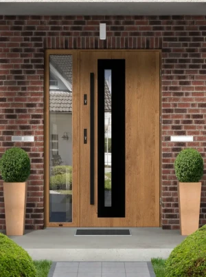 Contemporary energy saving external door and frame set model NATRIX BLACK PREMIUM 72mm with side panel black bar and mirrored glass made to measure B