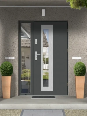 Contemporary energy saving front door and frame set model PALLAS PREMIUM 72mm with sidelight handle and mirrored glass bespoke Inox Design C