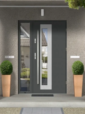 Contemporary energy saving front door and frame set model PALLAS PREMIUM 72mm with sidelight bar and mirrored glass bespoke Inox Design D