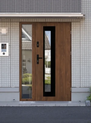 Contemporary energy saving front door and frame set model PALLAS BLACK PREMIUM 72mm with sidelight black handle and mirrored glass bespoke A