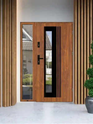 Contemporary energy saving front door and frame set model VARIUS BLACK PREMIUM 72mm with side panel black handle and mirrored glass bespoke A