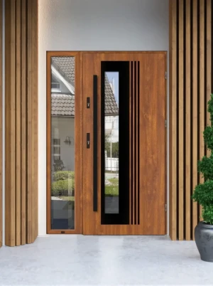 Contemporary energy saving front door and frame set model VARIUS BLACK PREMIUM 72mm with side panel black bar and mirrored glass bespoke B