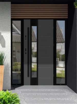 Model CAIMAN LOFT PREMIUM 72 mm front door with double sidelights / side panels with black frame and black bar - energy efficient modern external door